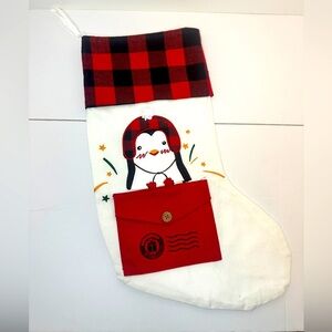 Penguin Christmas Stocking With Pocket White with black and red buffalo plaid
